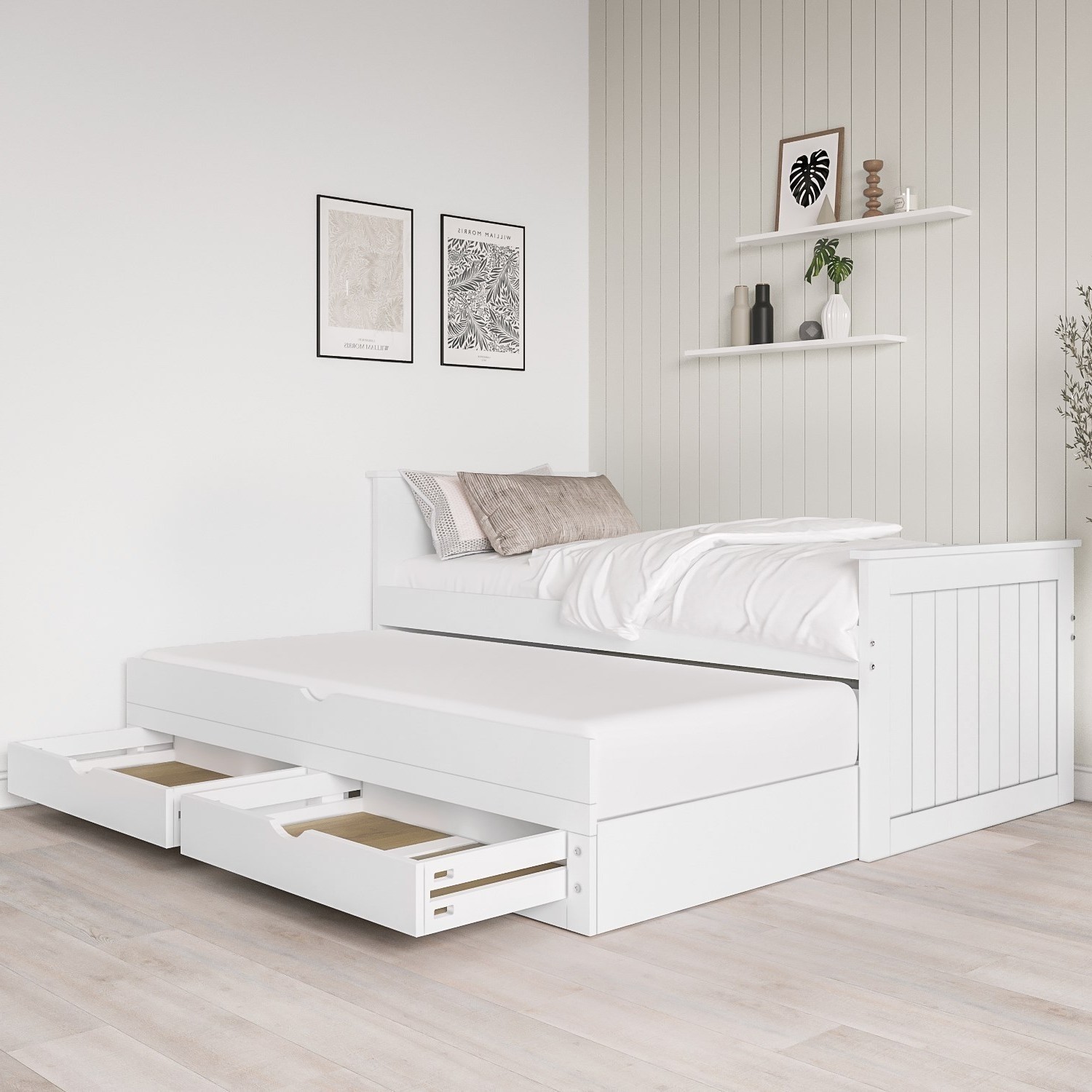 Read more about Single white wooden trundle bed with storage sander
